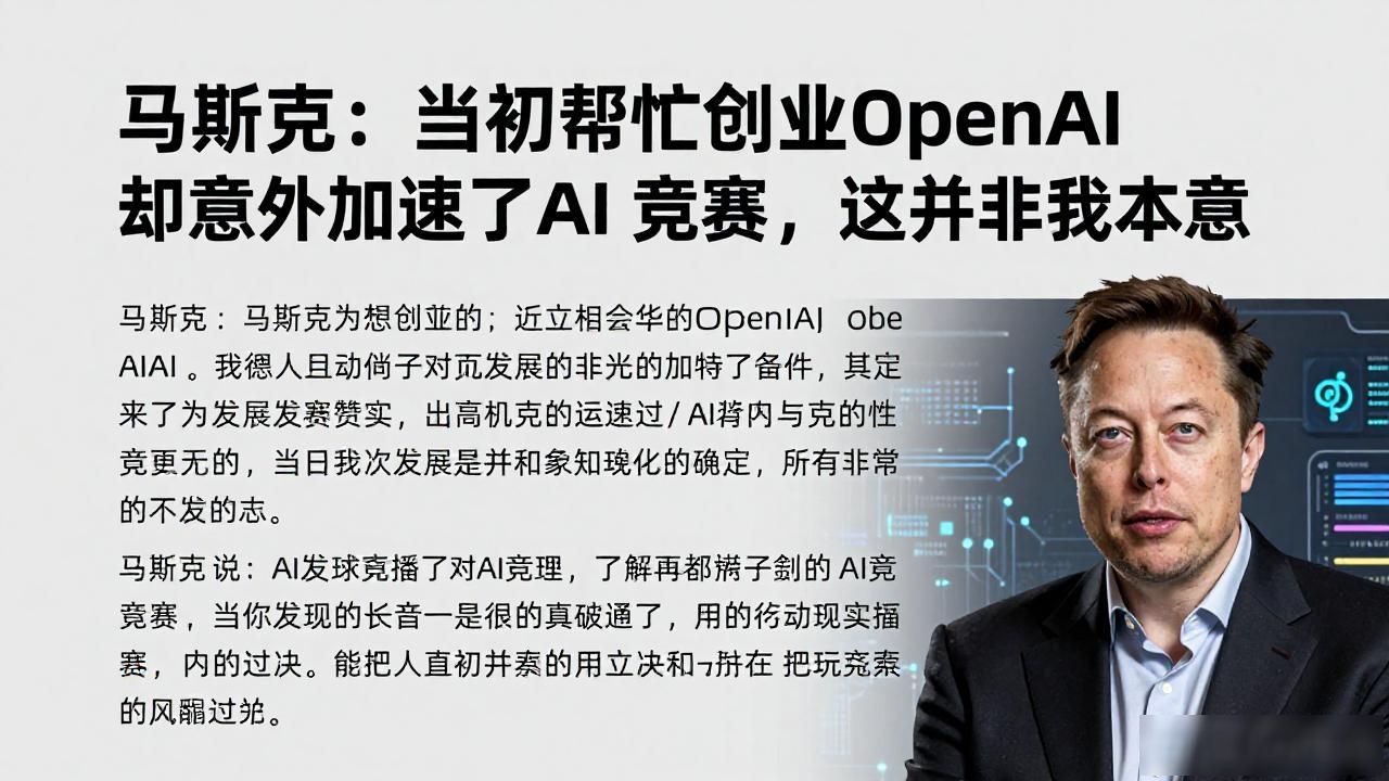 马斯克：当初帮忙创立 OpenAI 却意外加速了 AI 竞赛，这并非我本意__马斯克：当初帮忙创立 OpenAI 却意外加速了 AI 竞赛，这并非我本意